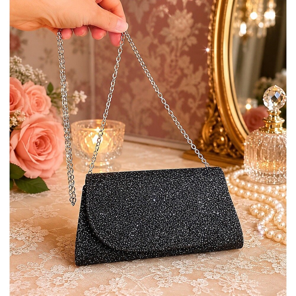 Sasha New York Black Glitter Evening Clutch Purse Chain Strap NWT Vegan Handbag